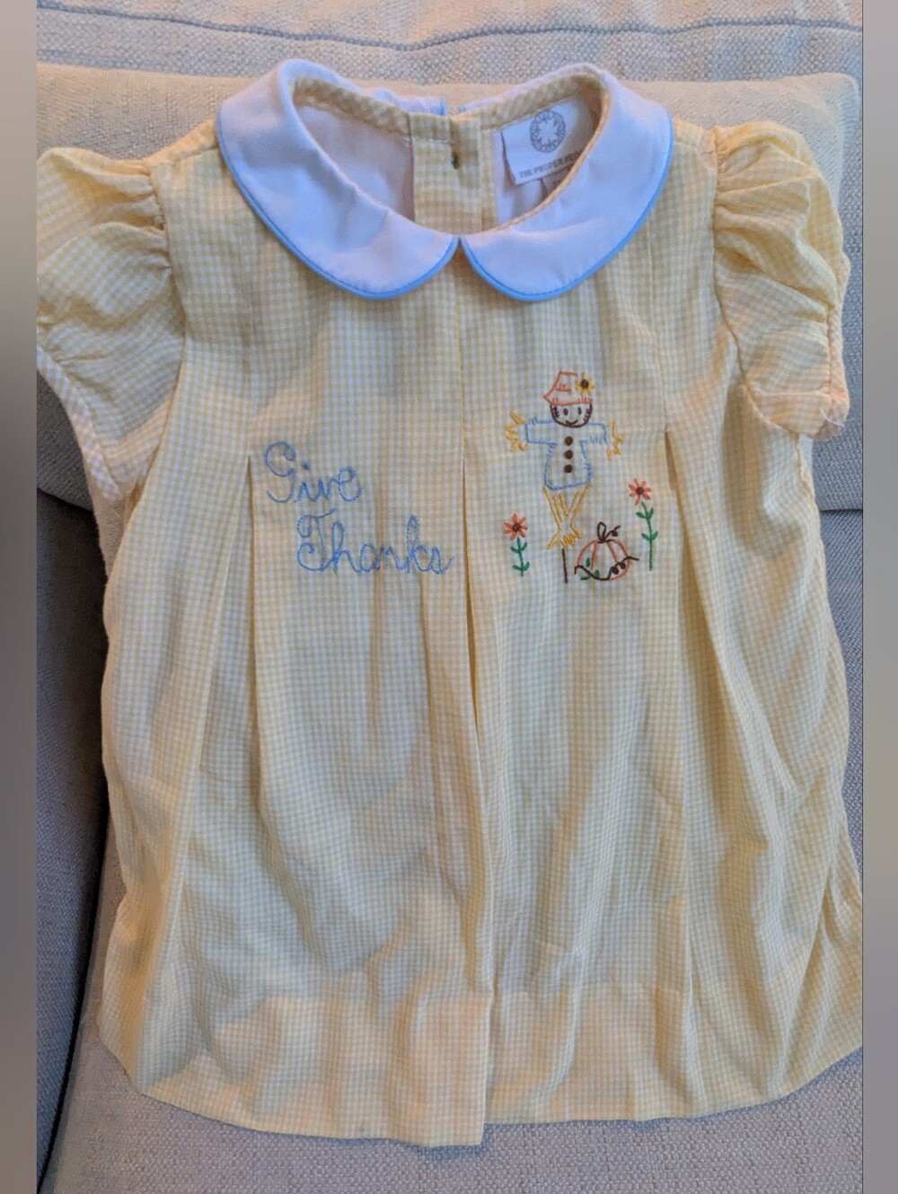 Yellow Gingham Peter Pan Collar Kids Top with Embroidered Fall Motif